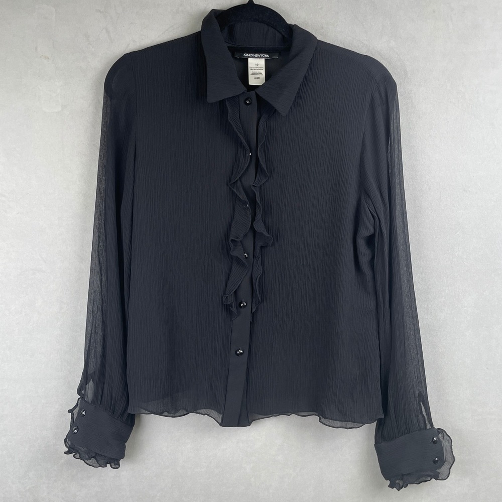Jones New York Black 100% Silk Ruffle Front Crinkle Coquette Blouse Goth Top 10